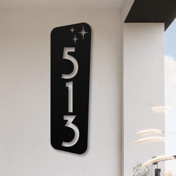 Mid Century Modern Custom House Number Sign, Mcm Atomic Starburst Metal Vertical Address Sign for House, Personalized Funky Retro Door Sign