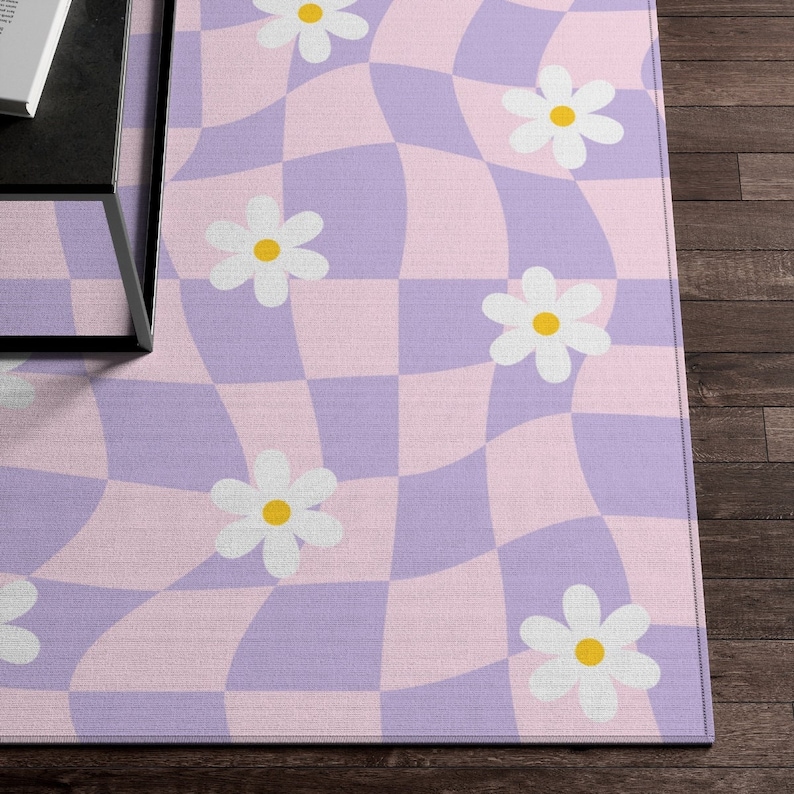 Checkered Rug, Preppy Room Decor, Purple Pink Wavy Checkerboard Rug, Daisy Flower Cute Rug, Danish Pastel Room Decor, Aesthetic Y2K Area Rug bild 1