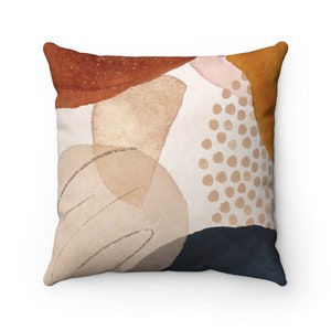 Abstract Art Pillow Cover, Boho Throw Pillow Cover with Watercolor Shapes in Rust, Beige, Pink and Navy, Bohemian Chic Decorative Pillowcase
