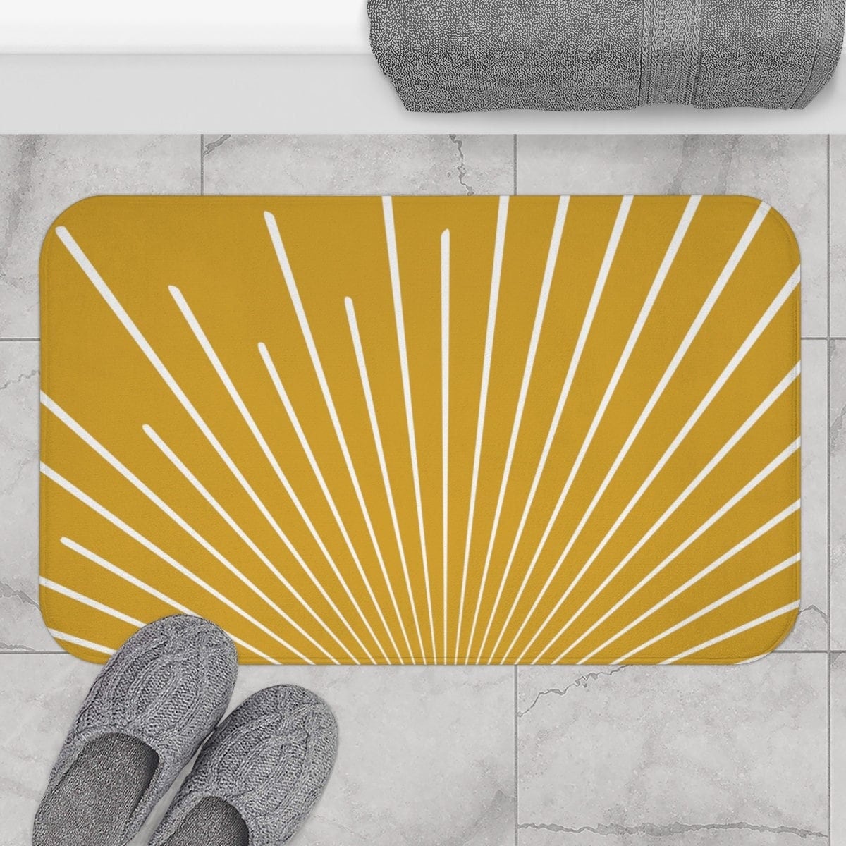 Boho Bath Mat, Retro Sunburst Mustard Yellow Bohemian Bath Rug