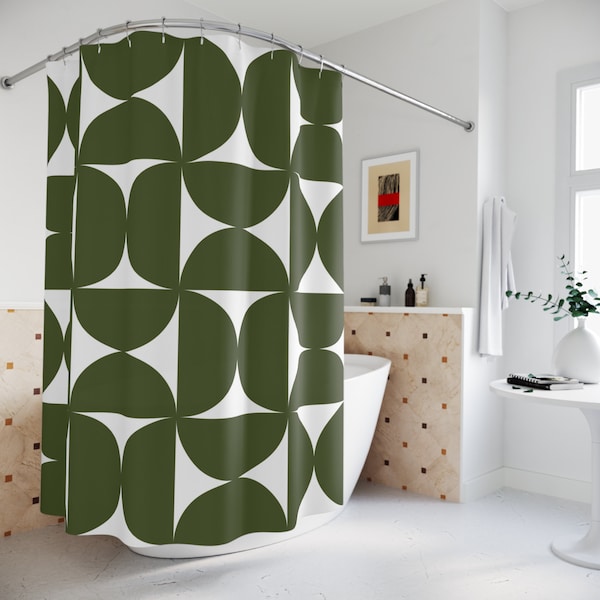 Retro Shower Curtain, Dark Olive Green Bauhaus Abstract Shapes Mid Century Modern Boho Shower Curtain, Funky Vintage Style Geometric Decor