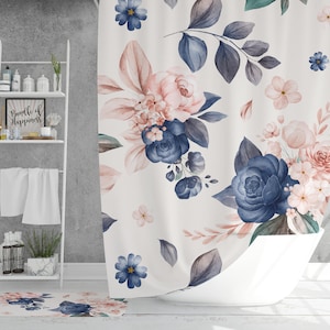 Floral Farmhouse Shower Curtain, Watercolor Navy Pink Flowers Botanical Shower Curtain, Modern Farmhouse Decor