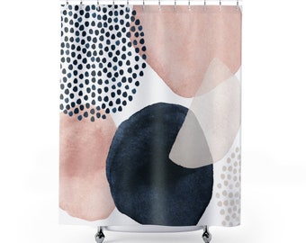 Abstract Art Shower Curtain, Boho Chic Modern Organic Watercolor Shapes in Navy, Pink and Ivory, Bohemian Bathroom