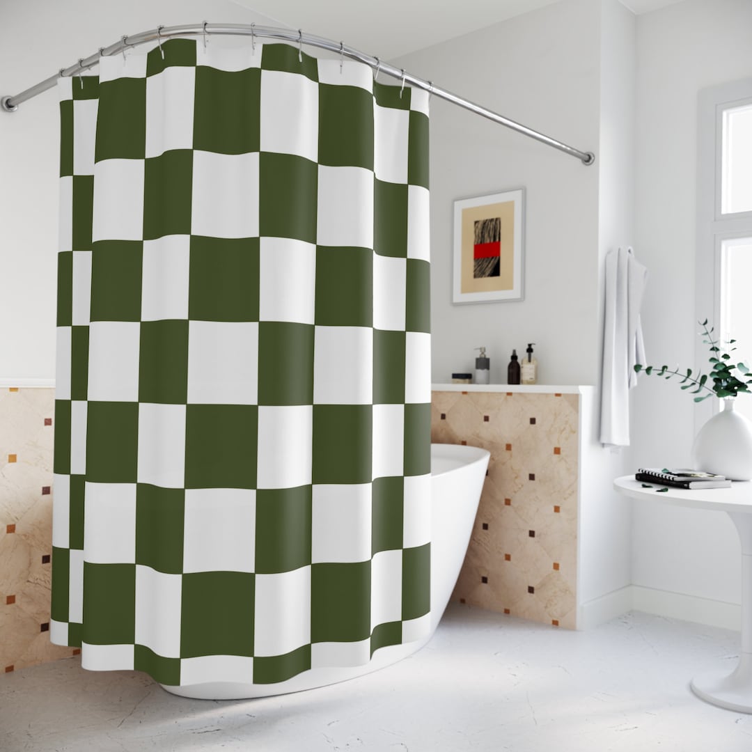 Checkered Boho Shower Curtain, Dark Olive Green Checkerboard Retro Shower Curtain, Funky ...