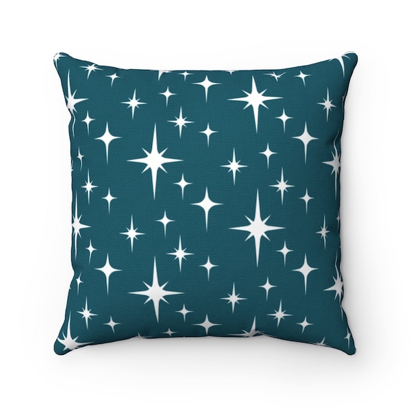 Retro Throw Pillow Cover, Teal Atomic Starburst Mid Century Modern Boho Decorative Pillow, Blue Green 1950s 1960s Vintage Style Home Decor