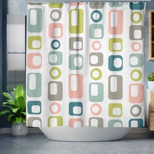 Retro Shower Curtain, Mid Century Modern Abstract Shapes, Minimalist Bohemian Shower Curtain, Colorful Vintage Style Bathroom Decor