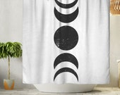 Black and White Moon Phases Boho Shower Curtain, Distressed Retro Lunar Bohemian Shower Curtain, Abstract Modern Minimalist Bathroom