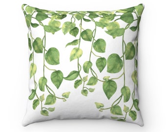 Farmhouse Botanical Throw Pillow Cover, Watercolor Golden Pothos Vines Decorative Pillow, Green Leaves Pillowcase, Modern Farmhouse Decor