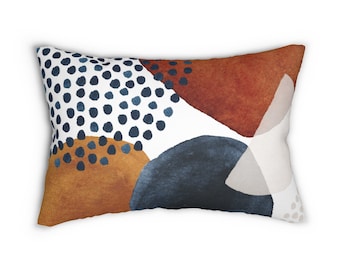 Boho Chic Abstract Art Lumbar Pillow, Aesthetic Throw Pillow Cover with Watercolor Shapes in Rust Burnt Orange Navy, Decorative Pillow Case