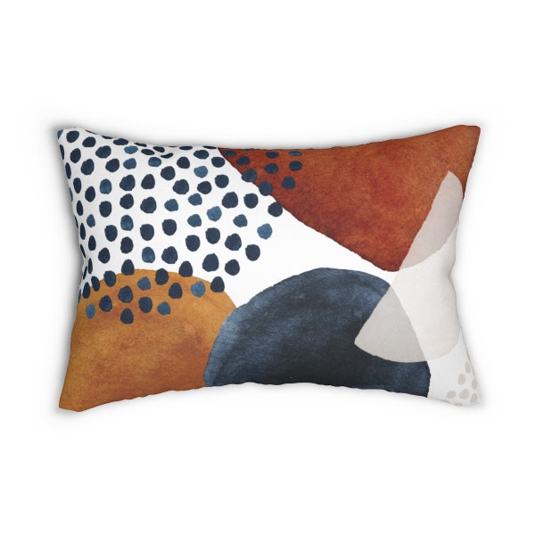 Boho Chic Abstract Art Lumbar Pillow, Aesthetic Throw Pillow Cover with Watercolor Shapes in Rust Burnt Orange Navy, Decorative Pillow Case
