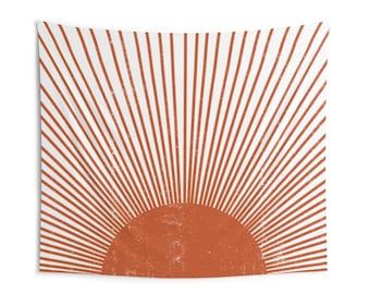 Mid Century Modern Sun Boho Tapestry, Burnt Orange Lightweight Retro Wall Hanging, Vintage Style Distressed Grunge Bohemian Chic Sunburst