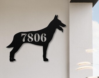 Belgian Malinois Custom House Number Sign, Personalized Belgian Malinois Gifts, Malinois Silhouette Metal Address Sign Front Porch Door Sign