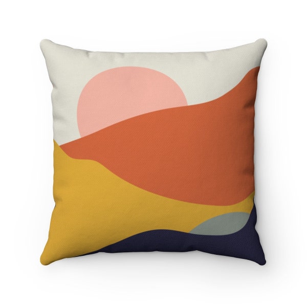 Mountain Sunset Boho Throw Pillow, Abstract Shapes Mid Century Modern Pillow Cover, Burnt Orange Mustard Navy Retro Bohemian Pillow Case