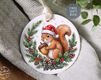 Squirrel Ornament, Personalized Squirrel Gifts, Custom Kids Squirrel Christmas Keepsake, Squirrel Lover Gift,  Woodland Animal Grandkid Gift