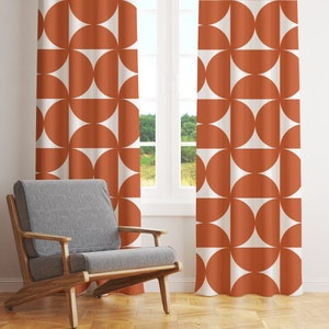 Mid Century Modern Curtains, Retro Boho Blackout Curtains, Terracotta Burnt Orange Geometric Bauhaus Sheer Curtains, Vintage Style Mod Decor