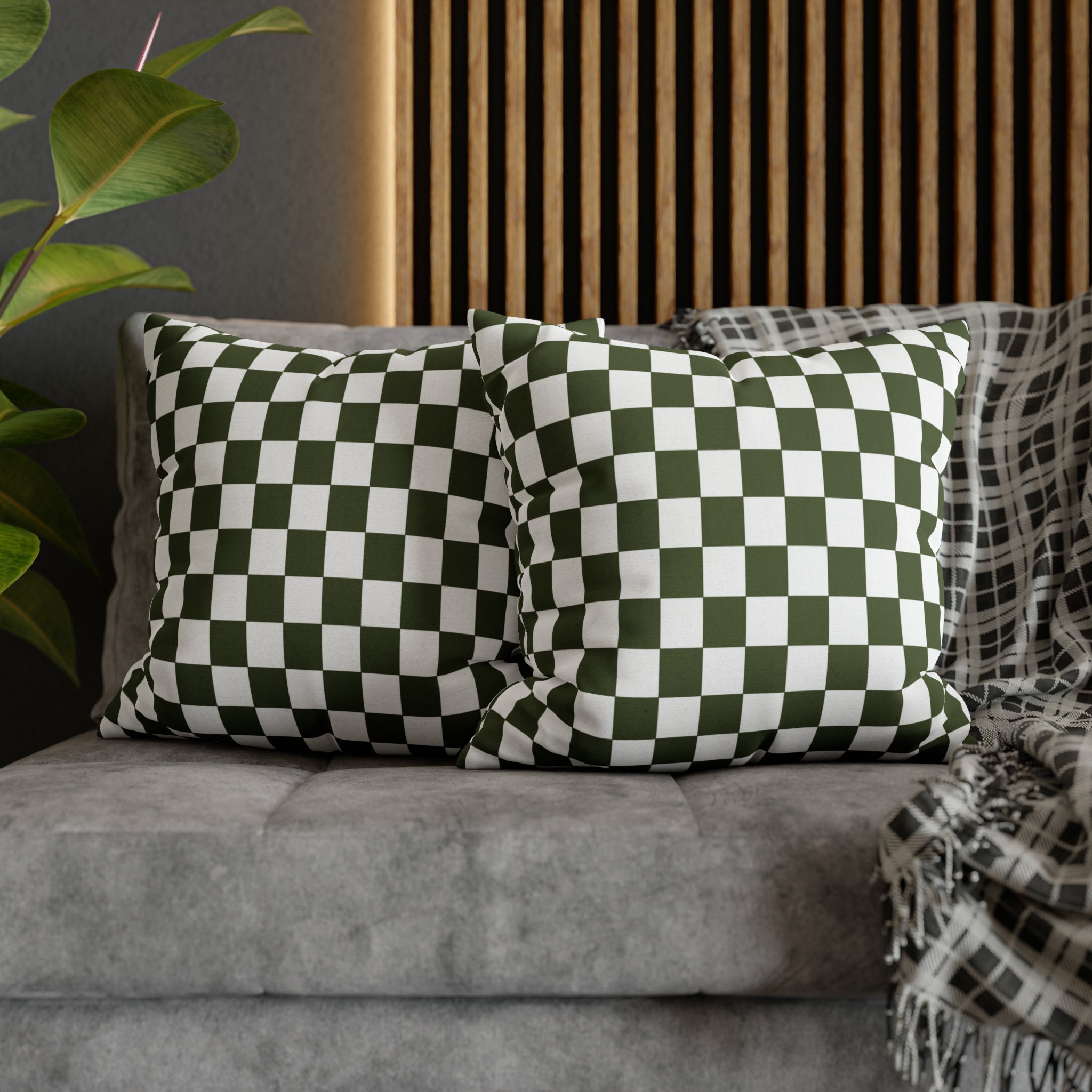 Checkered Throw Pillow Dark Olive Green White Retro Checkerboard