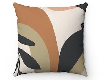 Abstract Shapes Boho Throw Pillow, Earth Tones Burnt Orange Beige Black Modern Pillow Cover, Organic Retro Rainbow Leaf Bohemian Pillow Case