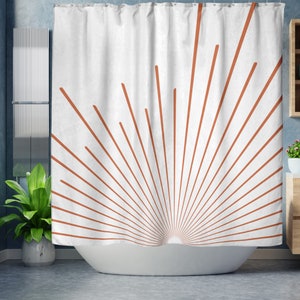 Boho Shower Curtain, Sunburst Bohemian Shower Curtain, Boho Chic Orange Sunrays, Minimalist Sunrise Shower Curtain