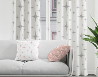 Cortinas boho modernas de mediados de siglo, cortinas opacas retro, paneles de cortina transparentes de starburst atómico gris, decoración funky de estilo vintage de los años 50, 60 y 70