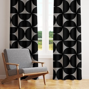 Mid Century Curtains, Retro Boho Blackout Curtains, Black Gray Geometric Bauhaus Sheer Curtains, Mid Century Modern Curtains Mcm Funky Decor