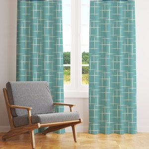 Mid Century Modern Curtains, Retro Boho Blackout Curtains, Aqua Cream Atomic Starburst Sheer Curtains, Vintage Style 50s 60s 70s Funky Decor