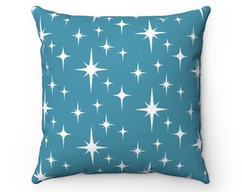 Retro Throw Pillow Cover, Turquoise Blue Atomic Starburst Mid Century Modern Boho Decorative Pillow, 1950s 1960s Vintage Style Home Decor