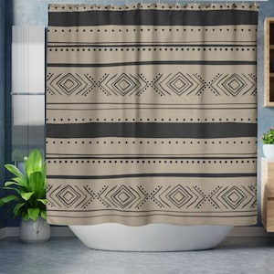 Boho Shower Curtain, African Mudcloth Pattern, Sand Color Bohemian Shower Curtain, Beige Tribal Shower Curtain