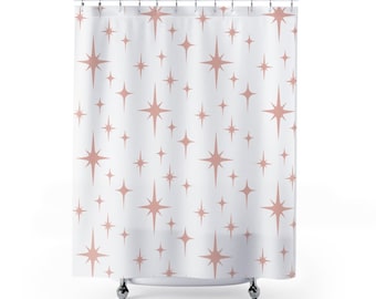 Retro Shower Curtain, Pink and White Atomic Starburst Mid Century Modern Boho Shower Curtain, Vintage Style 1950s 1960s Bathroom Decor