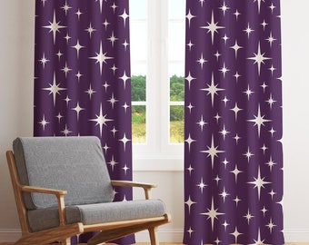 Purple Atomic Starburst Mid Century Modern Boho Curtains, Retro Blackout Curtains, Mcm Sheer Curtains, Vintage Style 50s 60s 70s Funky Decor