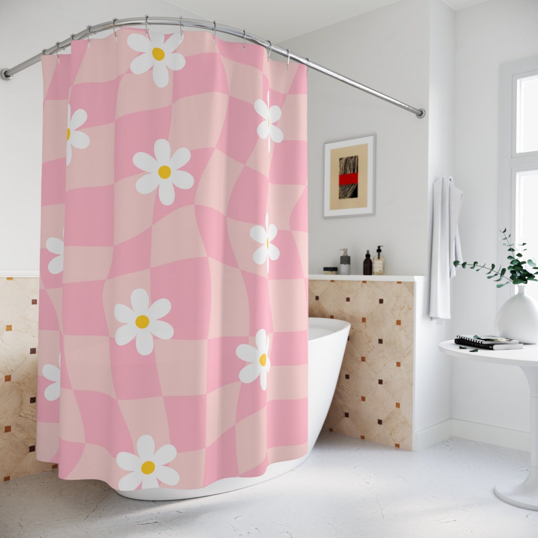 Pink Wavy Checkered Boho Shower Curtain, Checkerboard Daisy Flower