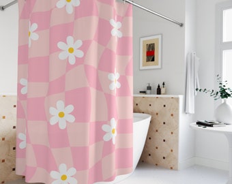 Pink Wavy Checkered Boho Shower Curtain, Checkerboard Daisy Flower Preppy Shower Curtain, Cute Danish Pastel Y2K Decor, Checker 90s Bathroom