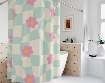 Sage Green Yellow Wavy Checkered Boho Shower Curtain, Checkerboard Flower Retro Shower Curtain, Danish Pastel Y2K Decor, Funky 90s Bathroom