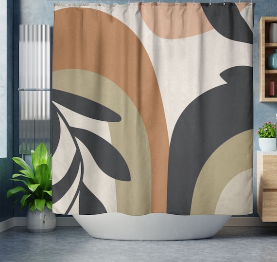 Boho Shower Curtain, Abstract Organic Shapes, Minimalist Modern Bohemian Shower Curtain, Abstract Art Botanical Earth Tones with Retro Vibes