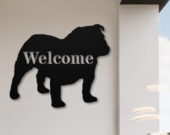 English Bulldog Welcome Sign, English Bulldog Gifts, Custom English Bulldog Wall Art, Personalized Dog Silhouette, Metal Welcome Porch Sign