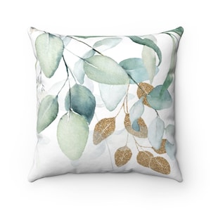 Eucalyptus Botanical Pillow Cover, Boho Throw Pillow Cover with Watercolor Leaves and Vines, Bohemian Chic Green Gold Decorative Pillowcase