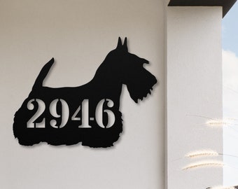 Scottish Terrier Custom House Number Sign, Scottie Dog Gifts, Personalized Dog Metal Wall Art, Front Porch Address Sign Silhouette Door Sign