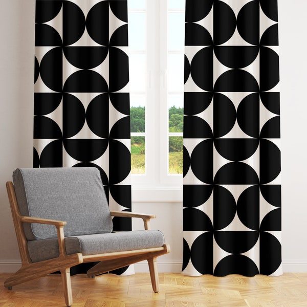 Mid Century Modern Curtains, Retro Boho Blackout Curtains, Black and White Geometric Bauhaus Sheer Curtains, Vintage Style Mod Funky Decor