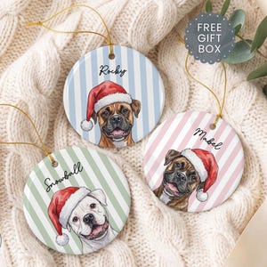 Adorno de bóxer, regalos personalizados para perros bóxer, adorno navideño de bóxer atigrado con nombre personalizado, recuerdo para mamá bóxer blanco, regalo conmemorativo para perros