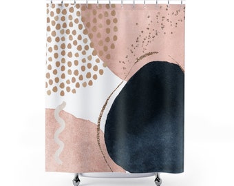 Abstract Art Shower Curtain, Boho Chic Modern Organic Watercolor Shapes in Navy, Pink and Gold, Bohemian Bathroom