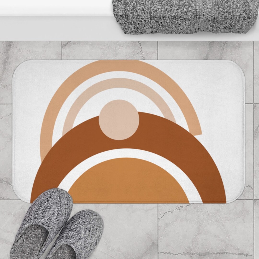 Boho Bath Mat, Terracotta Abstract Mid Century Modern Bath Rug, Burnt