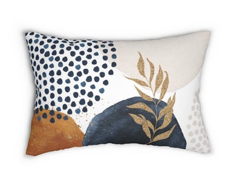 Boho Chic Abstract Art Lumbar Pillow, Aesthetic Botanical Throw Pillow w/ Watercolor Shapes in Navy Burnt Orange Gold, Decorative Pillow