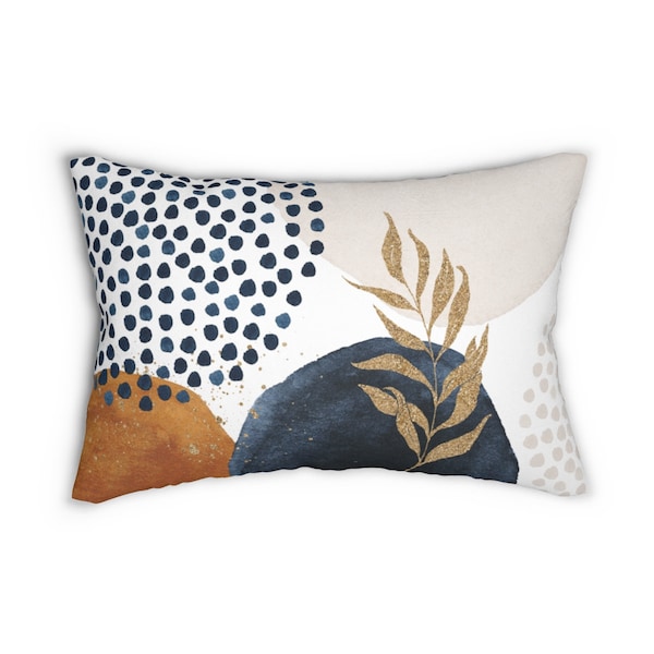 Boho Chic Abstract Art Lumbar Pillow, Aesthetic Botanical Throw Pillow w/ Watercolor Shapes in Navy Burnt Orange Gold, Decorative Pillow