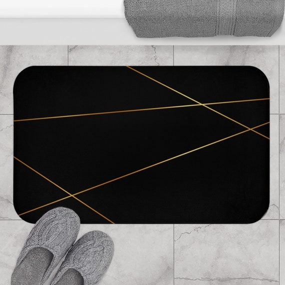 Minimalist Geometric Bath Mat, Black and Gold Brown Modern Bath Rug,  Minimal Stylish Shower Mat, Elegant Bathroom Decor 