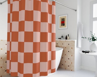 Terracotta Pink Checkered Boho Shower Curtain, Retro Shower Curtain, Indie Aesthetic Bathroom, Burnt Orange Blush Funky Abstract Y2K Decor