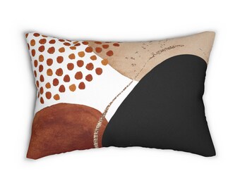 Abstract Art Lumbar Pillow, Boho Throw Pillow Cover with Watercolor Shapes in Black Rust Red Beige Gold, Bohemian Chic Decorative Pillowcase