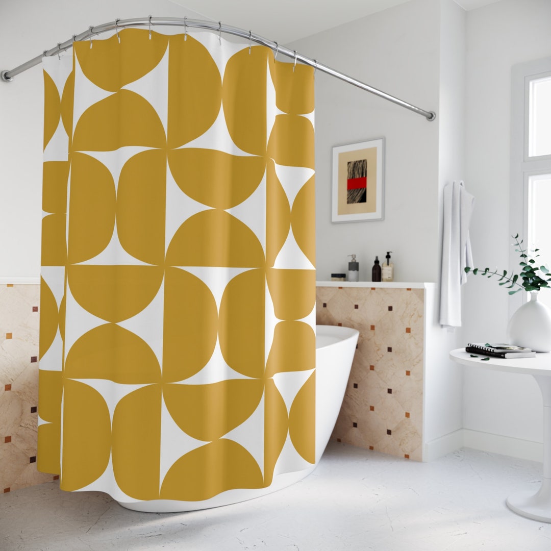 Retro Shower Curtain, Mustard Yellow Bauhaus Abstract Shapes Mid