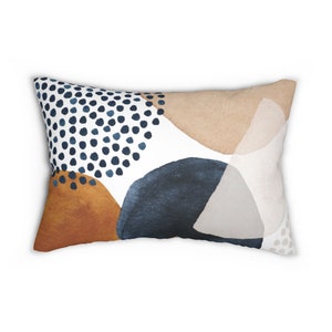 Abstract Art Lumbar Pillow, Boho Throw Pillow Cover with Watercolor Shapes in Navy Burnt Orange Beige, Bohemian Chic Decorative Pillowcase