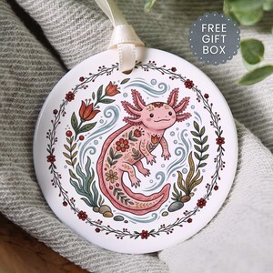 Adorno de ajolote, regalos de ajolote de arte popular escandinavo, adorno navideño de ajolote floral, recuerdo Hygge de estilo cottagecore nórdico de cuento de hadas