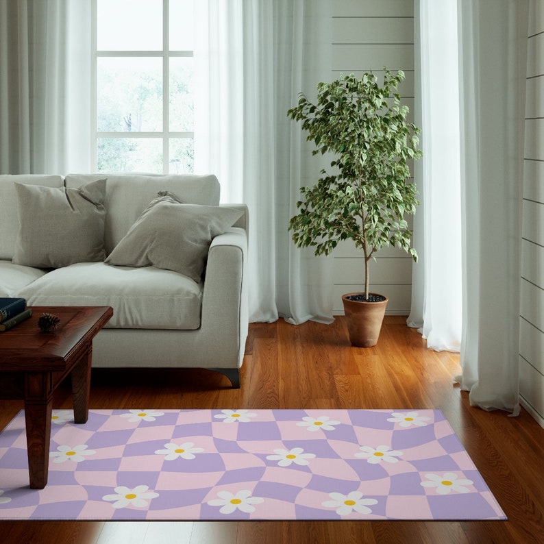 Checkered Rug, Preppy Room Decor, Purple Pink Wavy Checkerboard Rug, Daisy Flower Cute Rug, Danish Pastel Room Decor, Aesthetic Y2K Area Rug bild 2