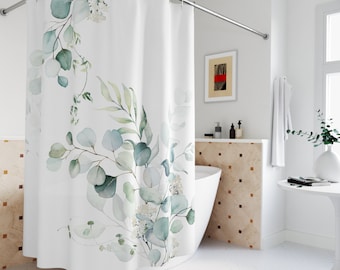 Eucalyptus Botanical Elegant Shower Curtain, Green Shower Curtain, Minimalist Watercolor Leaves Flowers Vines, Modern Farmhouse Bathroom